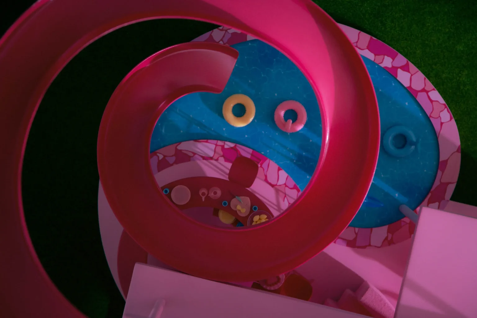 Cenital del tobogán y la piscina de Barbie's Dreamhouse en impresión 3D.